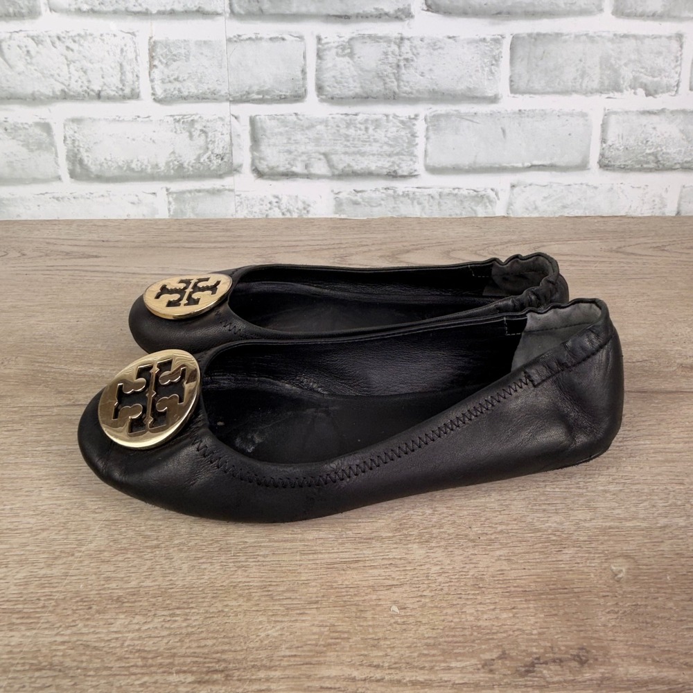 Tory Burch Reva Ballet Flats Leather Gold Logo Black Womens 7.5